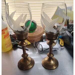 2 VTG Brass Candlesticks Candle W/Handblown Etched Glass Globes India READ CHIP